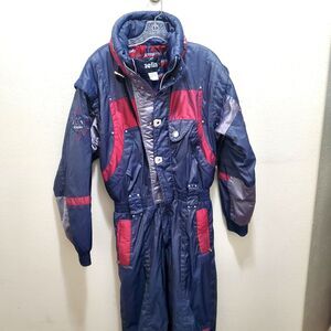 Vtg 90s Women's Red Blue Insulated Full Ski Suit by KAELIN Snowsuit Retro Sz M